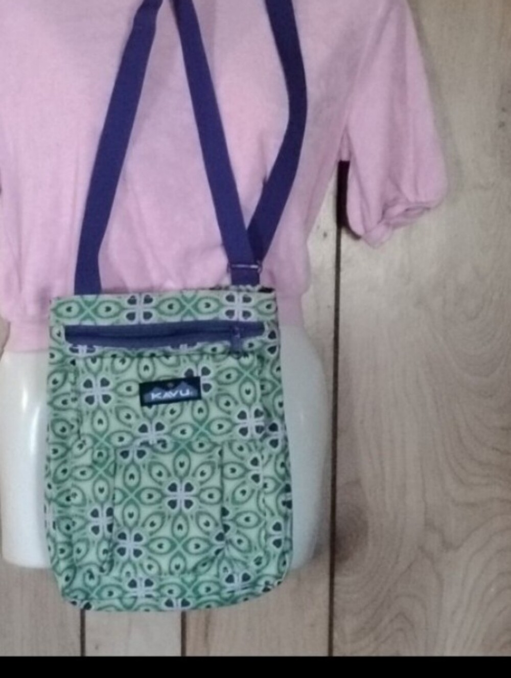 Kavu Mint Green Patterned Crossbody with Navy Strap